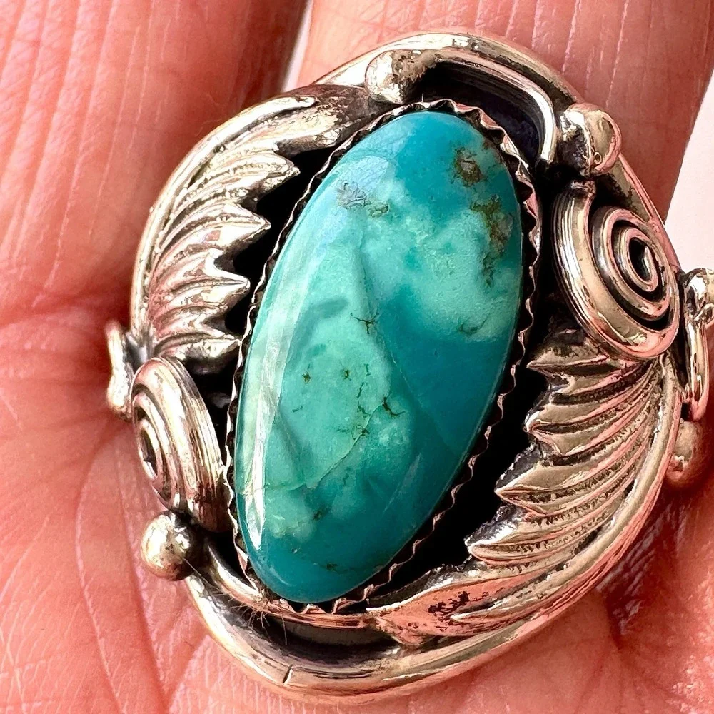 Navajo Turquoise Mens Ring Sz 12 Leaf Feather Signed Morgan Sterling Native Amer